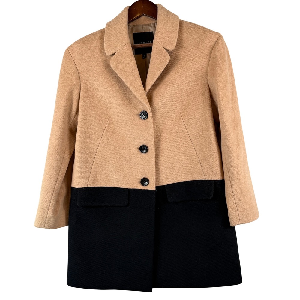 Talbots Petites Wool Blend Colorblock Coat Beige Black 8P Classic Notched Collar
